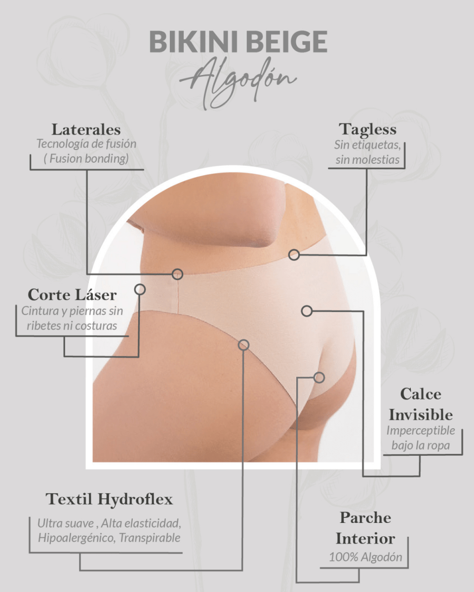 Pack x3 Calzón Bikini Invisible Sin Costuras Beige Color Piel Algodón Ultraflex