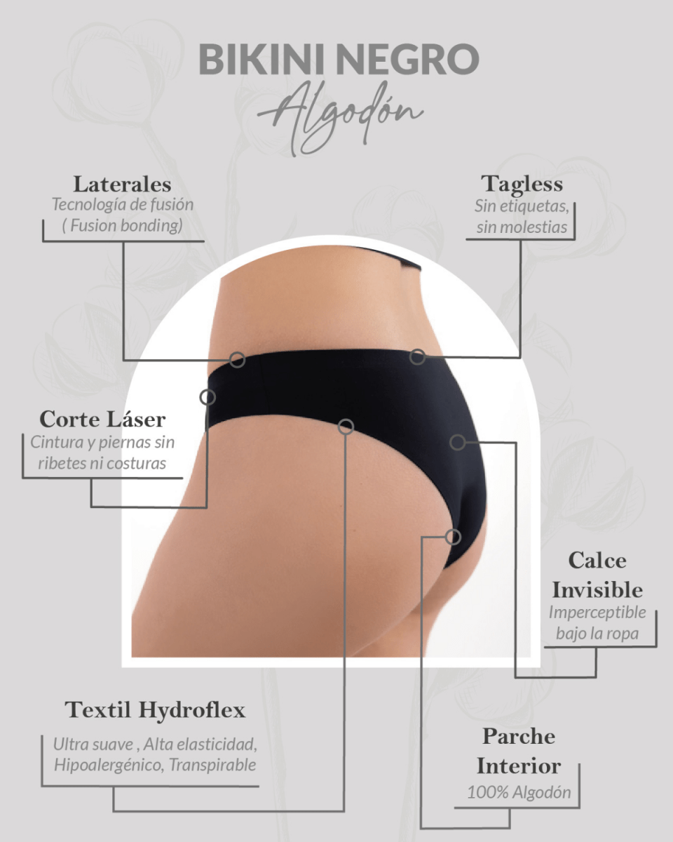 Pack x3 Calzón Bikini Invisible Sin Costuras Negro Algodón Ultraflex