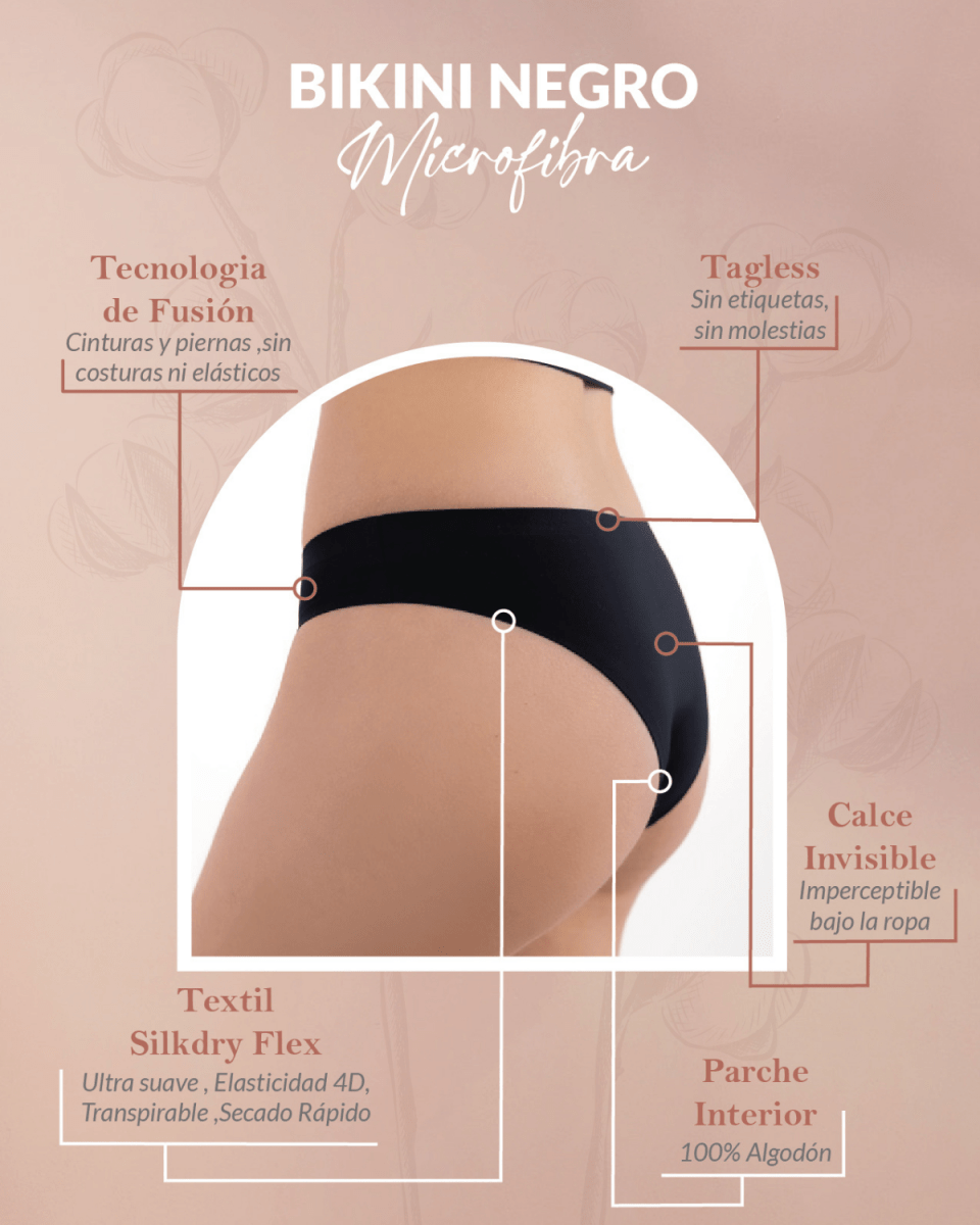 Pack x3 Calzón Bikini Invisible Sin Costuras Negro Microfibra