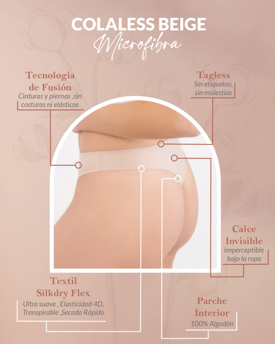 Calzón colaless invisible beige de microfibra Silkdry Flex, Única Lingerie: infografía de características (bordes termosellados y sin costuras)