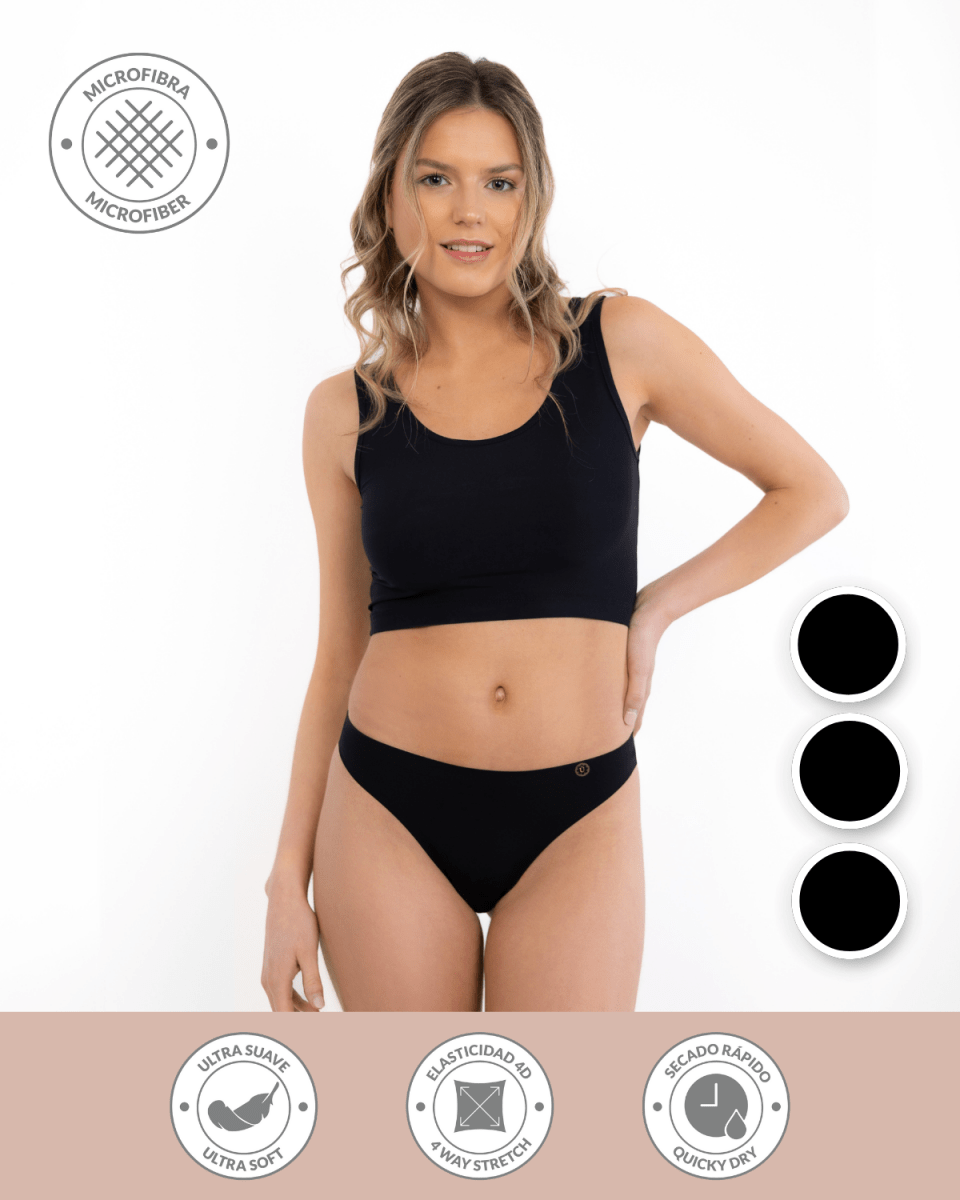 Calzón colaless invisible negro de microfibra Silkdry Flex, Única Lingerie: modelo de frente