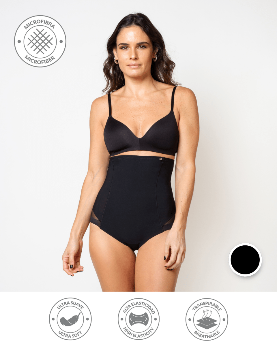 Calzón de control alto negro de compresión firme, Única Lingerie: modelo de frente
