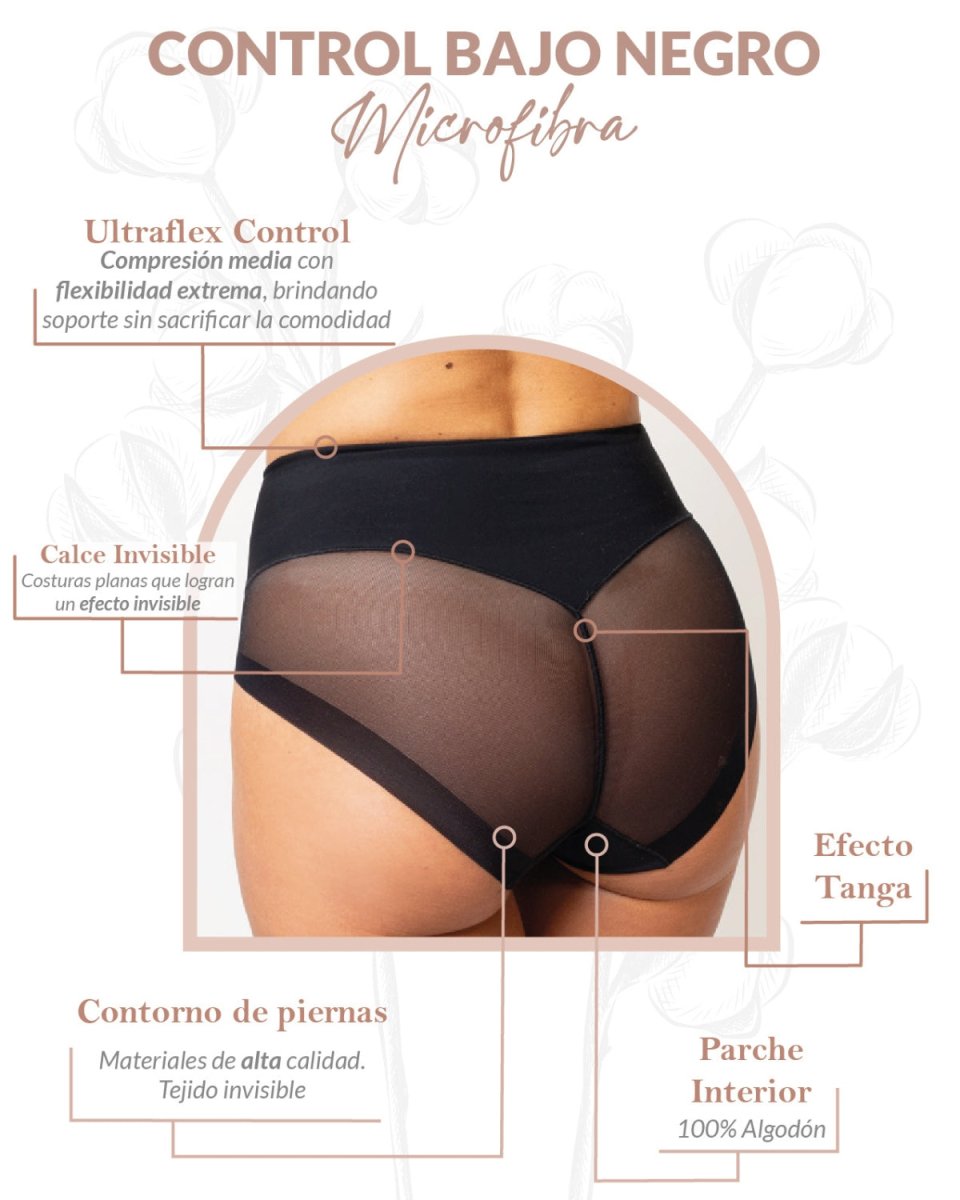 Calzón de control bajo negro de compresión media, Única Lingerie: infografía de características (efecto tanga y costuras planas)