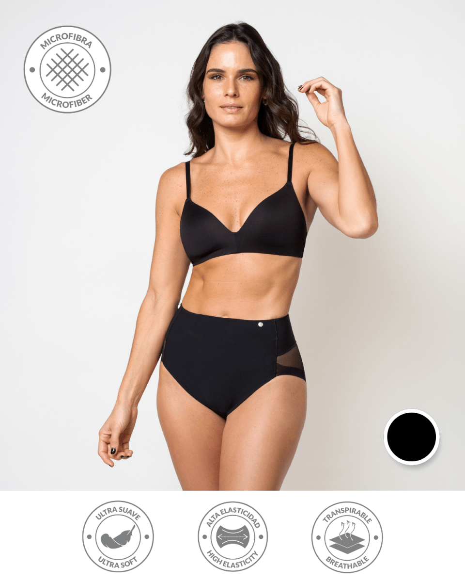 Calzón de control bajo negro de compresión media, Única Lingerie: modelo de frente