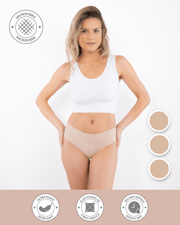 Calzón pantaleta culotte invisible beige de microfibra Silkdry Flex, Única Lingerie: modelo de frente