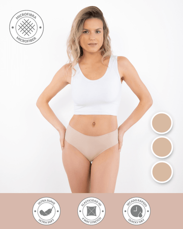 Calzón pantaleta culotte invisible beige de microfibra Silkdry Flex, Única Lingerie: modelo de frente